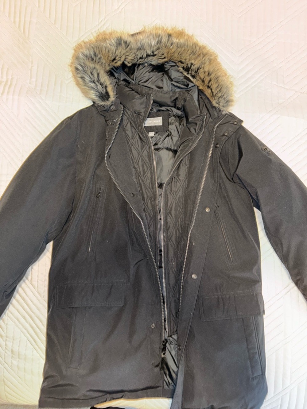 Michael Kors Black Men's Puffer Parka with Faux Fur Hood Trim